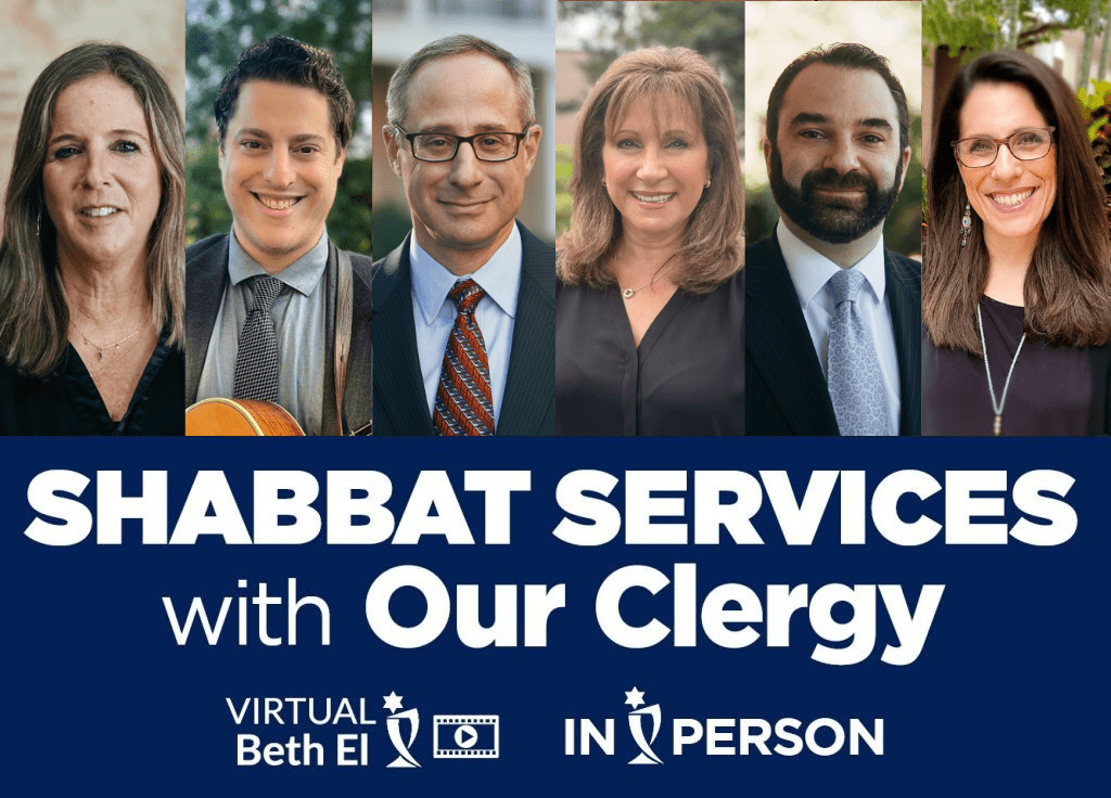 Shabbat Services with Temple Beth El Clergy, event graphic, noting that this is for virtual services via Live Stream, and for In-person Service