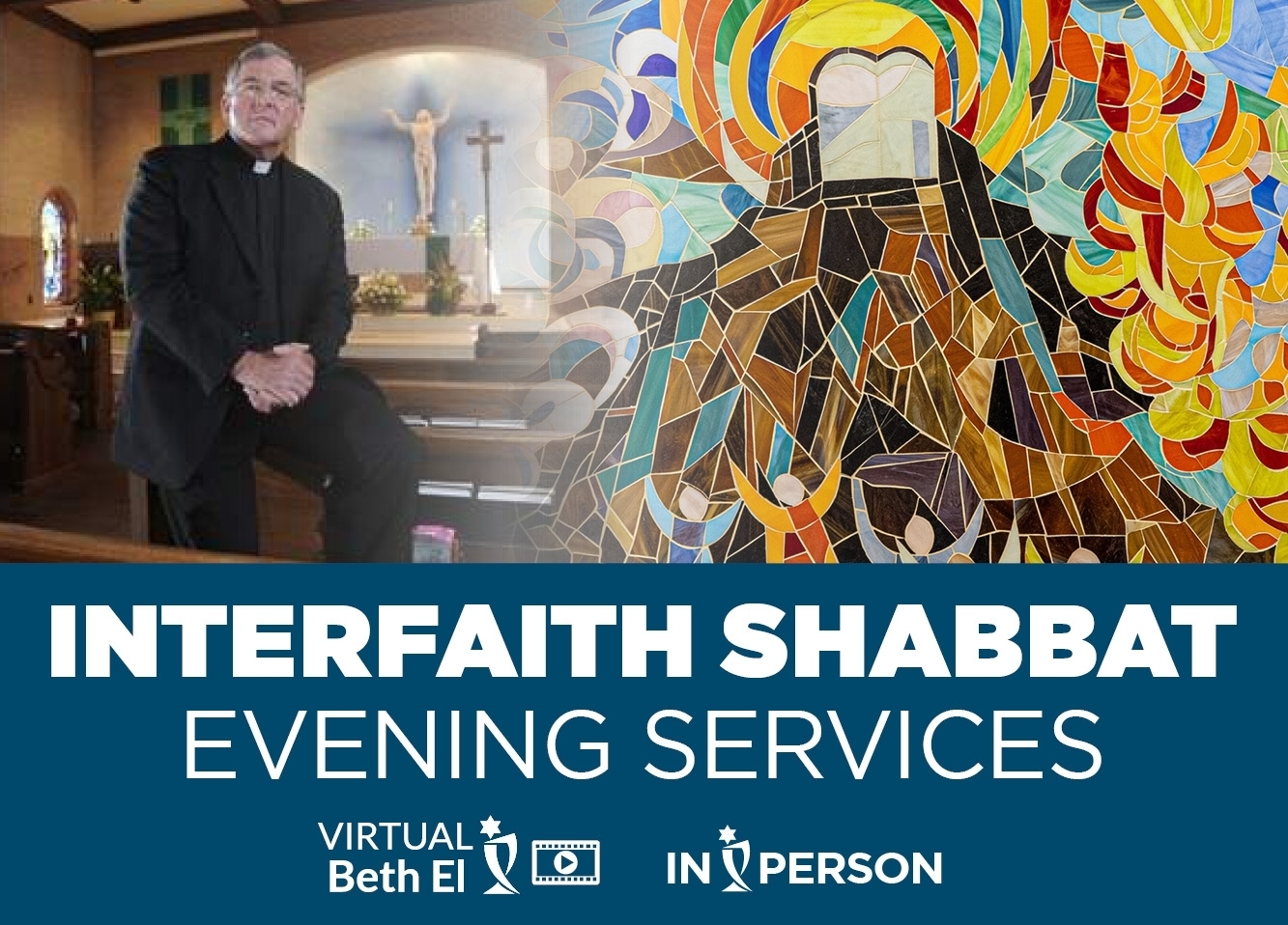 Interfaith Shabbat Services event graphic for Temple Beth El of Boca Raton in collaboration with St. Joan of Arc Catholic Church