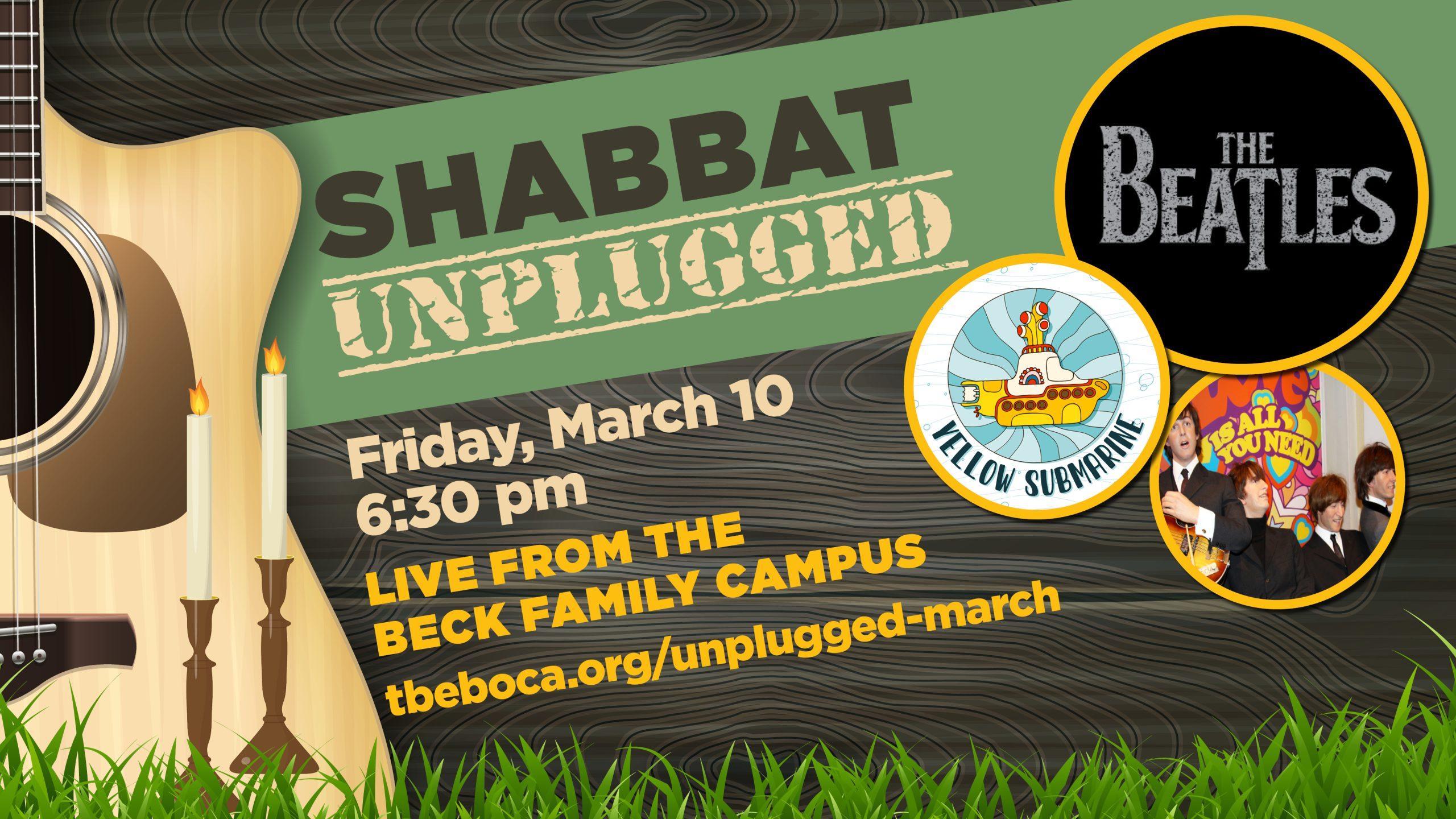 Shabbat Unplugged : Beatles event graphic, with Temple Beth El of Boca Raton Florida