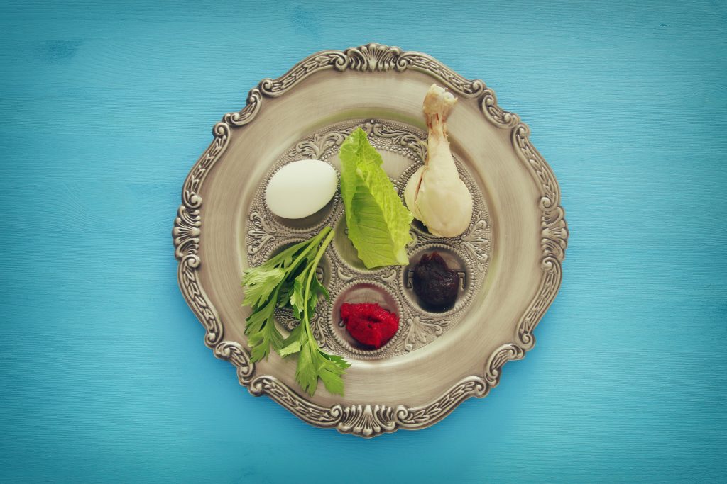 Passover Seder plate on a teal background
